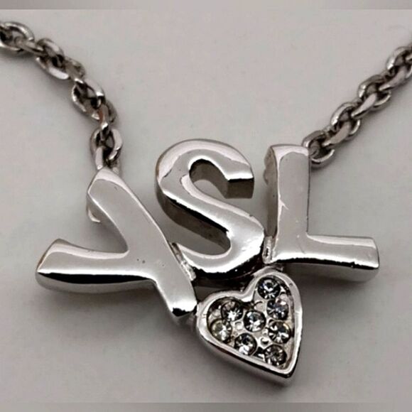 YSL Yves Saint Laurent Rhinestone Heart Silver Necklace Choker Jewelry Authentic - Picture 1 of 15